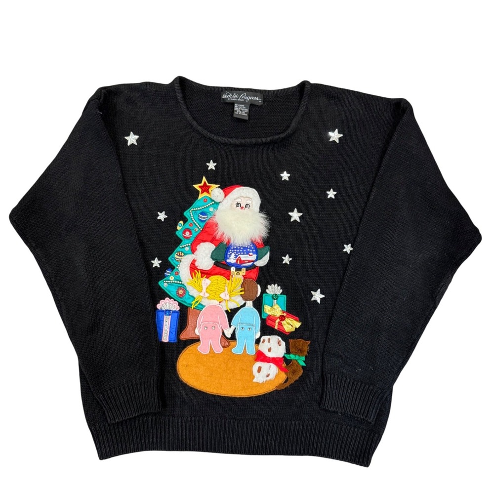 Vintage Work in Progress Ugly‎ Christmas Sweater Santa Holiday Knit Stars